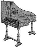 An image of a woodcut depicting a harpsichord viewed diagonally from the front and right hand side.
